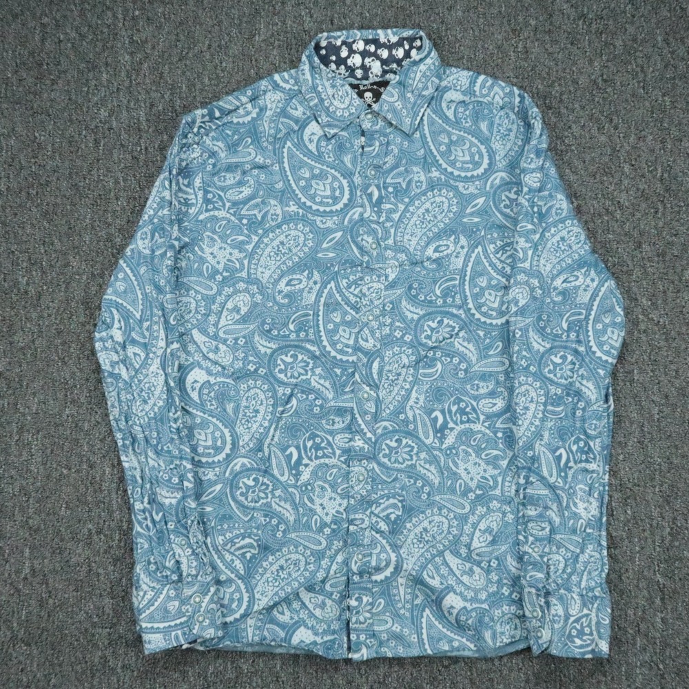 Rock Roll N Soul Shirt Mens Small Blue Paisley Long Sleeve Skull Button Up
